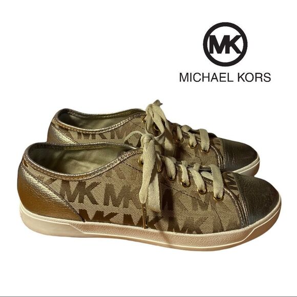 Michael Kors Gold Brown Signature MK Tie Sneakers 8 - Picture 1 of 5